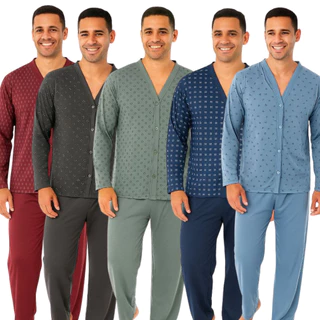 Pijama Longo Masculino Todo Aberto com Botões Confortável em Malha Adulto em Oferta na Shopee