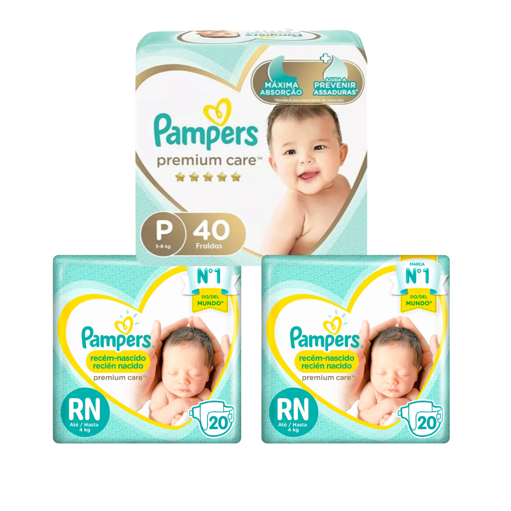 Kit Recem Nascido - Fraldas Pampers Premium Care P 40+RN 40 | Shopee Brasil