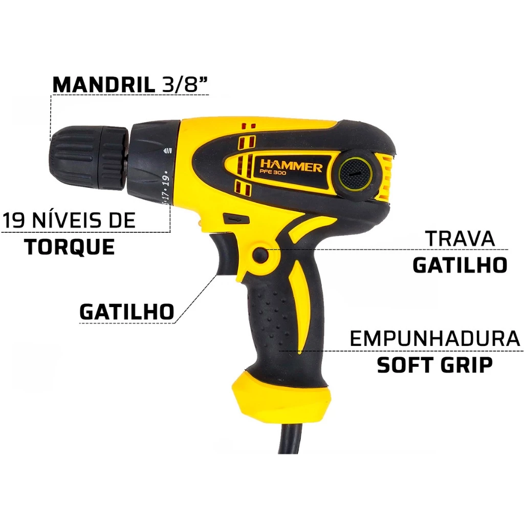 Furadeira Parafusadeira Elétrica Mandril 3 8” 10mm Aperto Rápido GYPFE300 300W Da Hammer