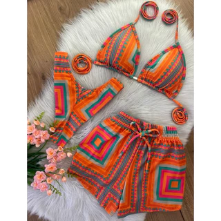Biquini Conjunto Trikini 3 Peças Short Praia Moda Tendência saída feminina lançamento em Oferta na Shopee