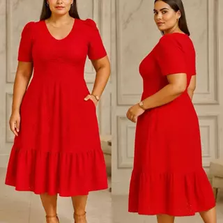Vestido Feminino Plus Size Moda Evangelica Midi Malha Lese Manga Bufante