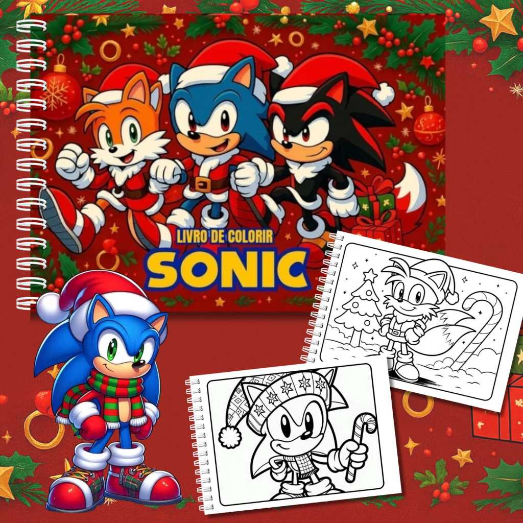 Livro de Colorir Sonic Natal Capa Dura A5 50 Páginas 180g + Acetato ...