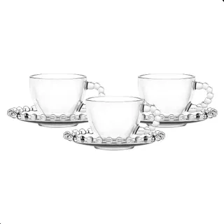 Xícaras em Vidro com Pérolas 100ml | Jogo com 6 Peças | 3 Xícaras + 3 Pires | Ideal para Chá e Café