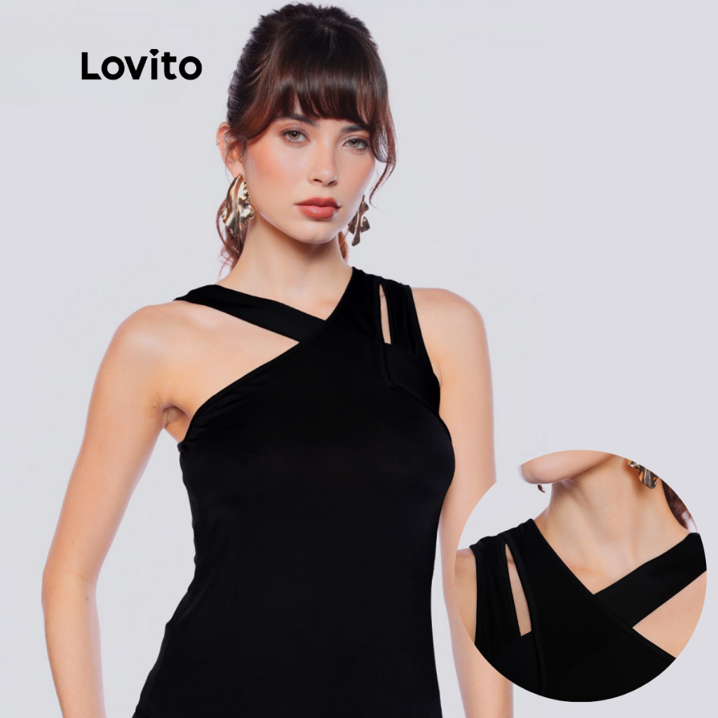 Lovito Blusa Preta Sexy Transpassada Basica Feminina Alças Cruzadas LB1156BRL1186