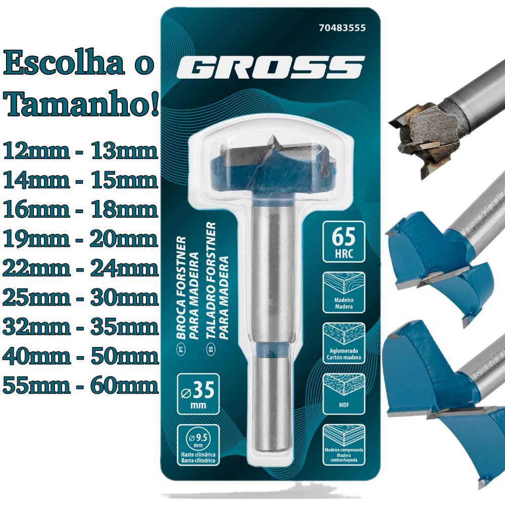 Broca Fresa Forstner Para Madeira 12-60mm GROSS Haste Cilindrica