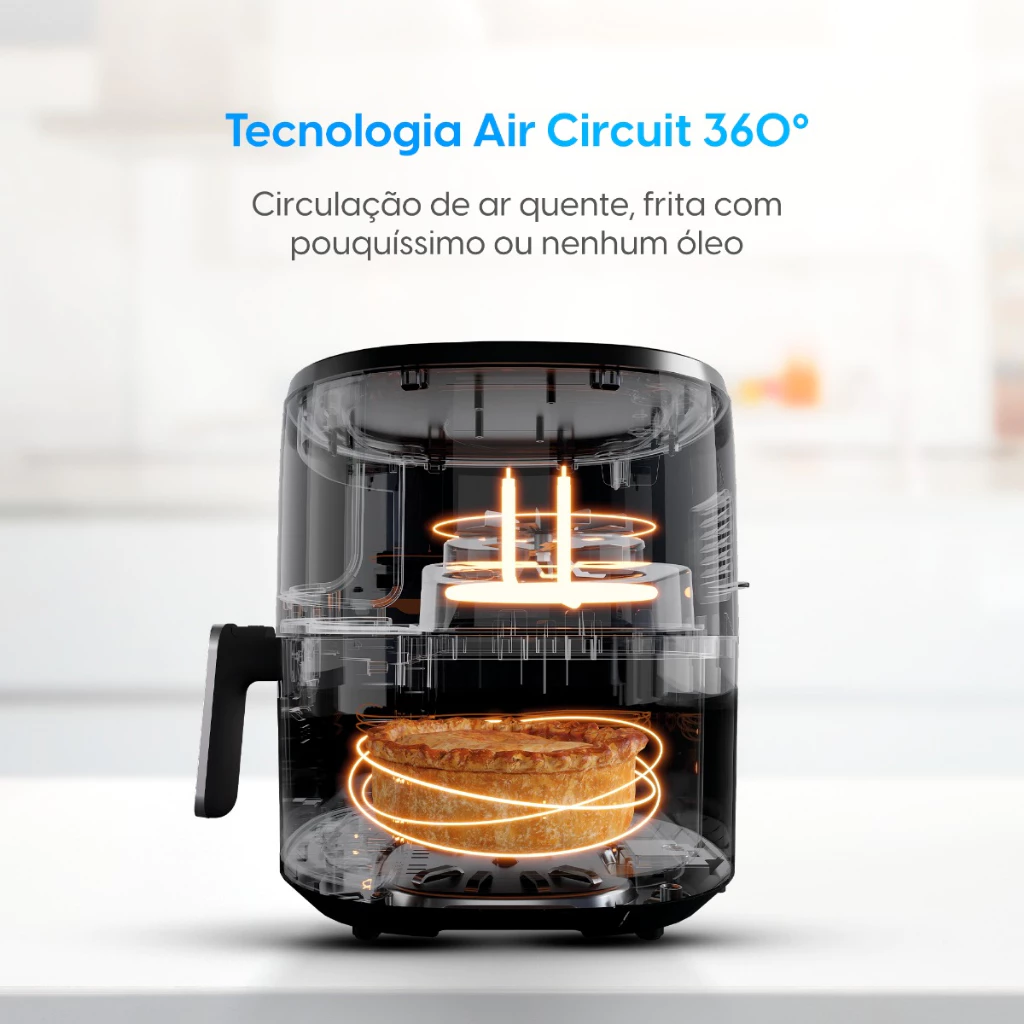Visão transparente da air fryer Elgin em funcionamento, com um bolo assando e indicação da circulação de ar quente 360°.