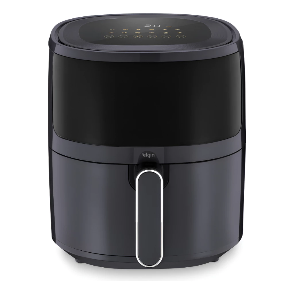 Fritadeira Elétrica Elgin Visio Fry 5L cinza escura, vista frontal com painel digital iluminado mostrando '20 min'.