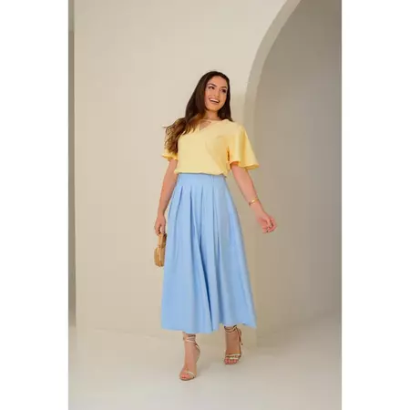 Saia Midi Feminina de Alfaiataria Amarelo Manteiga – Cintura Alta e Pregas Elegantes Moda Modesta