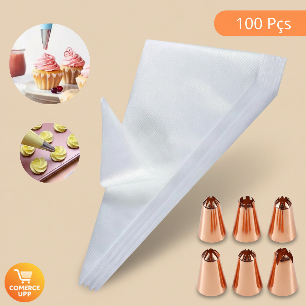Saco De Confeitar + Bico 100 Unidades Médio Confeitaria Bolo Doce ...