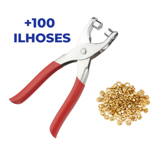 Alicate Aplicador de Ilhós Rebites + 100 Ilhoses Dourados