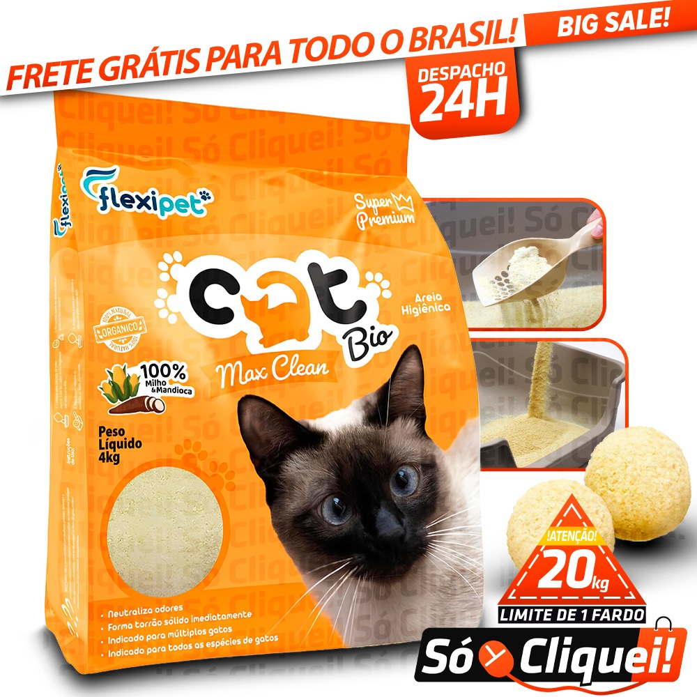 Areia Higiênica Biodegradável Gatos Catbio Max Clean Mandioca Forma Torrão Sem Odor Super Premium