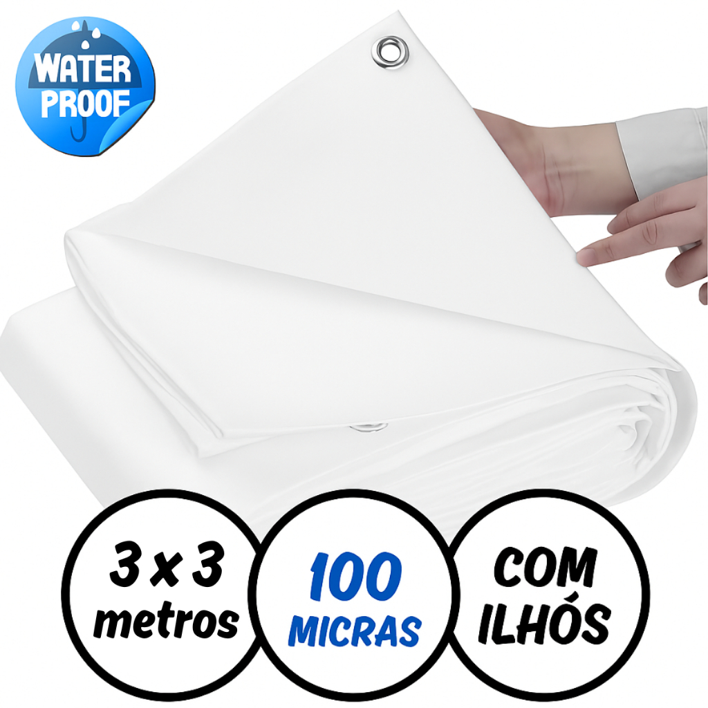 Lona Plástica Branca Impermeavel 3 x 3 Metros Ilhós Reforçados 100 Micras