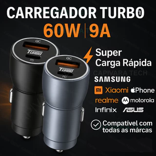 Carregador Veicular turbo 60W TIPO C + USB 9A Carga rápida Universal em Oferta na Shopee