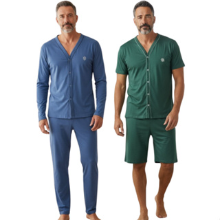 Pijama Masculino com Botão Manga Longa e Manga Curta Short Bermuda e Calça Pós Cirúrgico em Oferta na Shopee