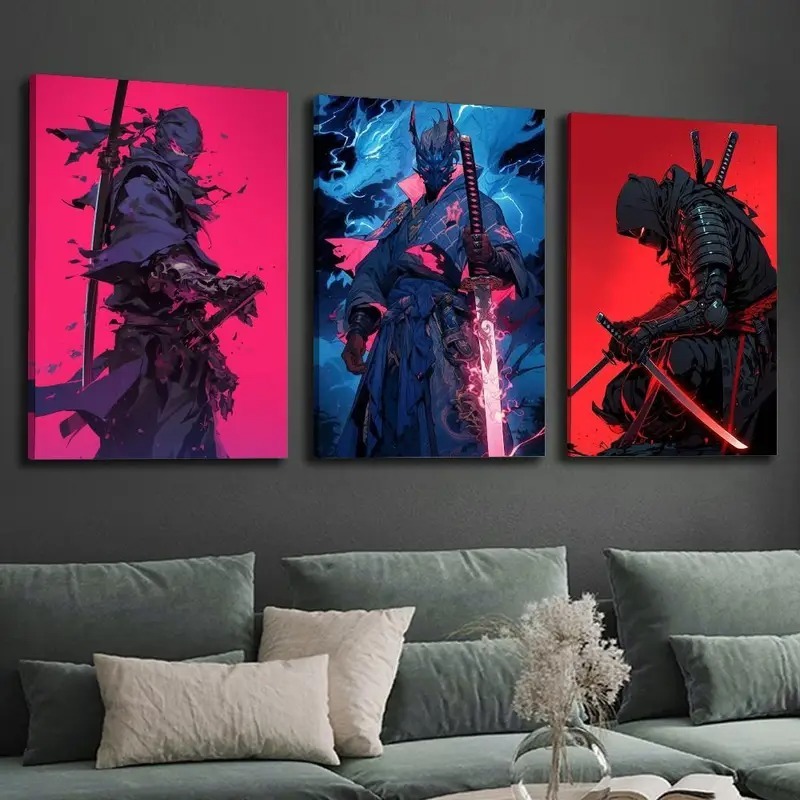 KIT 3 Quadros Samurais Ninjas Neon | Decoração Quarto Geek Fantasia Vermelho Azul