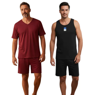 Pijama Masculino Adulto Curto Camiseta e Manga Curta Conjunto Verão Regata e Short Malha em Oferta na Shopee