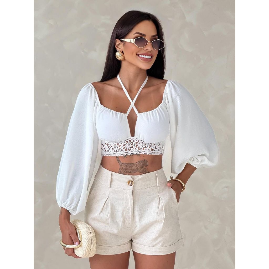 Cropped Feminino Casual Amarração com detalhes em renda | Shopee Brasil