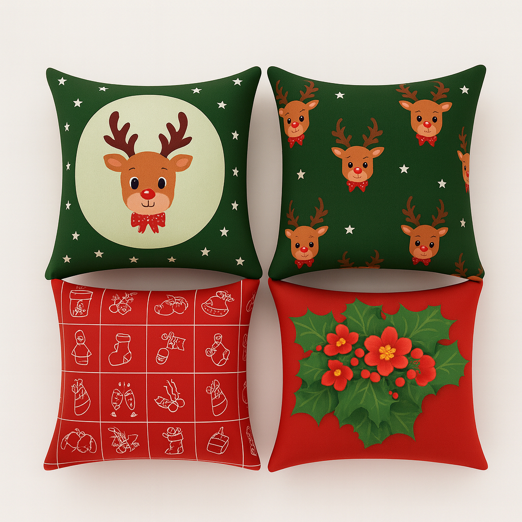 Kit c/ 4 Almofada Natal 45x45 Microfibra com Zíper – Capa ou Almofada Cheia Espuma/Silicone