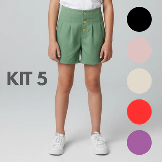 Kit 5 Short Infantil Feminino de Linho com 3 Botões 4-10 [Coloridas]
