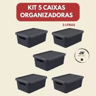 Kit 5 Caixas Organizadoras 2L Preta com Tampa e Travas – Casa, Cozinha, Banheiro - Multiuso