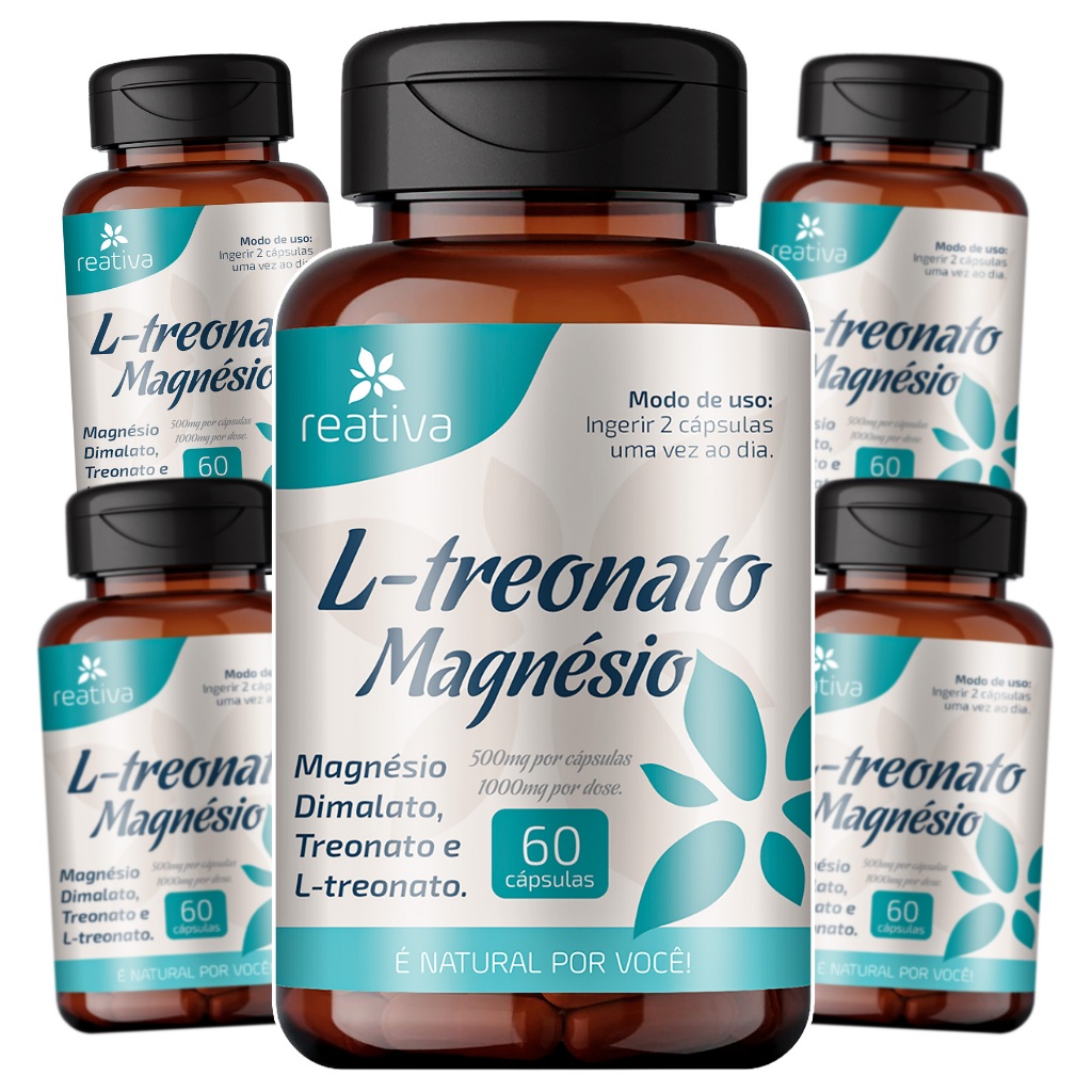 5x Magnesio Treonato 1000mg 60caps c/ Dimalato L-Treonina Suplemento de ...