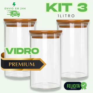 Kit de 3 Potes De Vidro Borossilicato 1 Litro Com Tampa Bambu Hermético Kit 1000ml Alimento em Oferta na Shopee