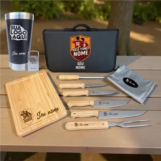 Kit Churrasco Personalizado 8 peças Facas Garfo copo Térmico com estojo Nome time Logo Empresa