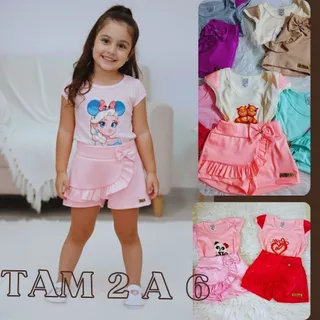 Conjunto Infantil Short Saia CIRRE+ Blusa Ribana Para Meninas de 2 a 6 anos Recomendado para Passeio Escola