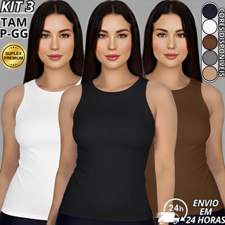 KIT 3 Regata Blusinha Feminina Suplex Premium Forro Duplo Blusa básica P M G GG