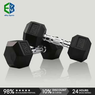 Par Halteres 10kg + 10kg Dumbbell Sextavado Emborrachado Pegada Cromada
