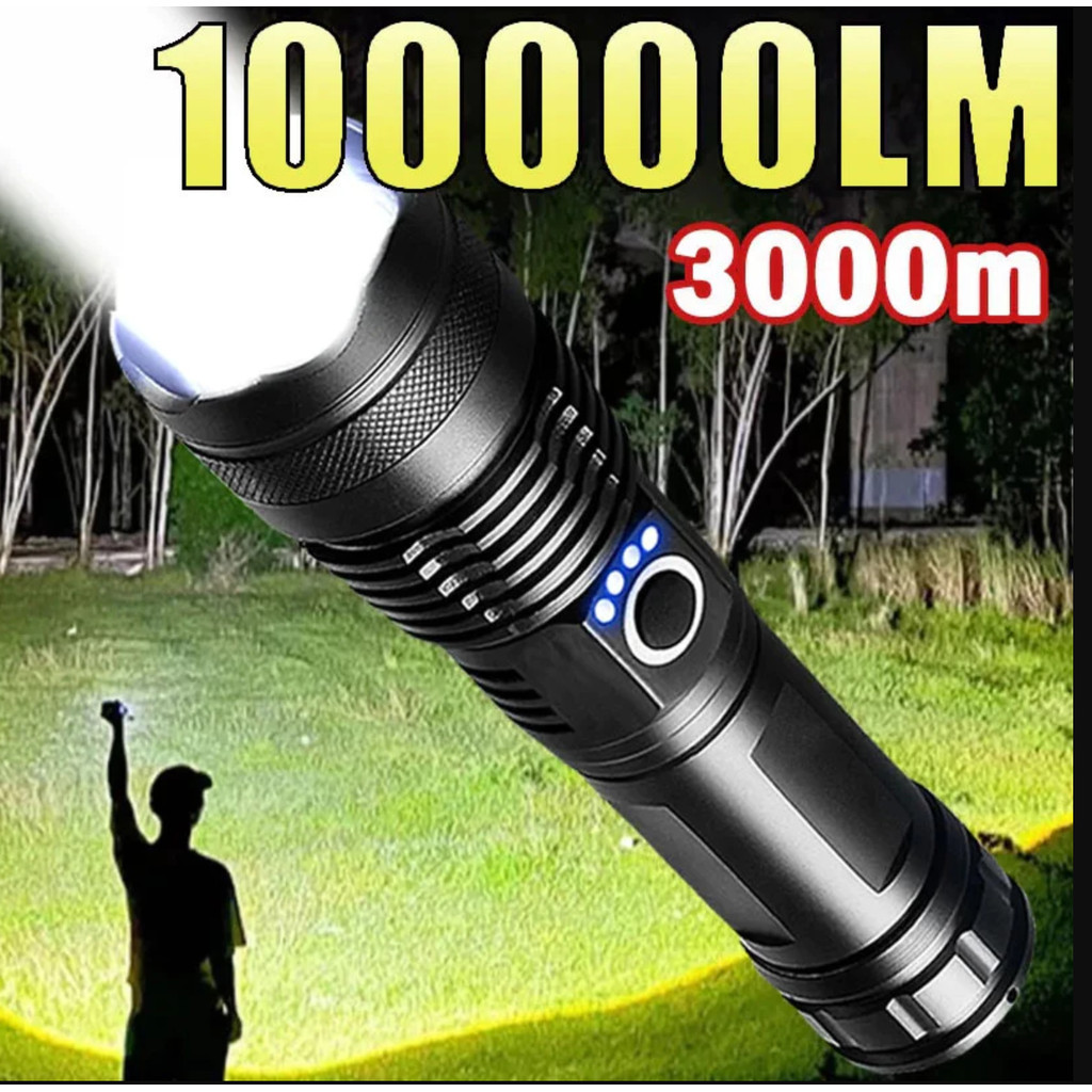 Lanterna Superpotente P50/511 - Zoom Ajustável, À Prova d'Água e Bateria Recarregável