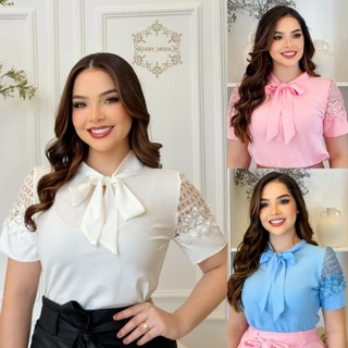 Blusa evangelica feminina cuello laço manga renda