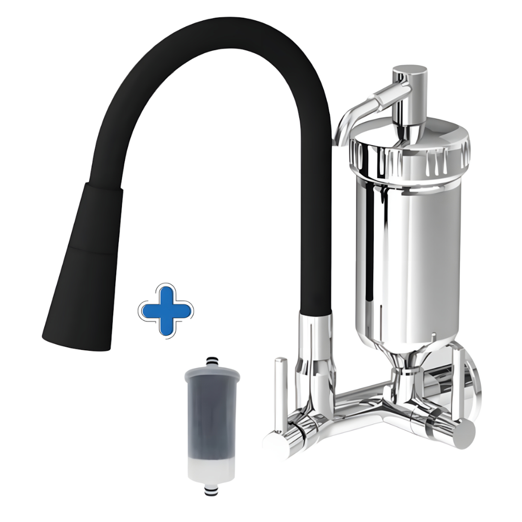 Torneira com Filtro Gourmet Flexível Cozinha Parede c/ Ducha 2 Jatos 1/4 de Volta + Refil