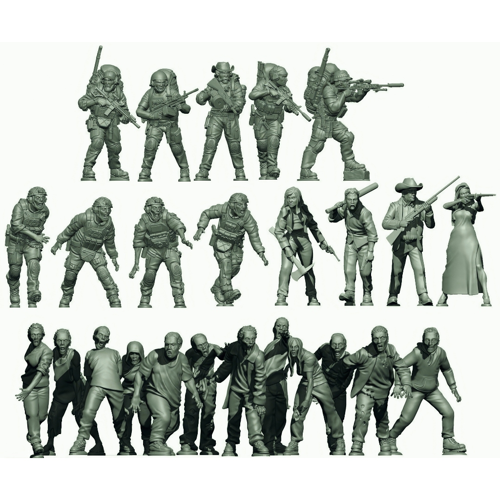 Kit Miniaturas Zumbis e Survivors Civis e Militares 25 peças