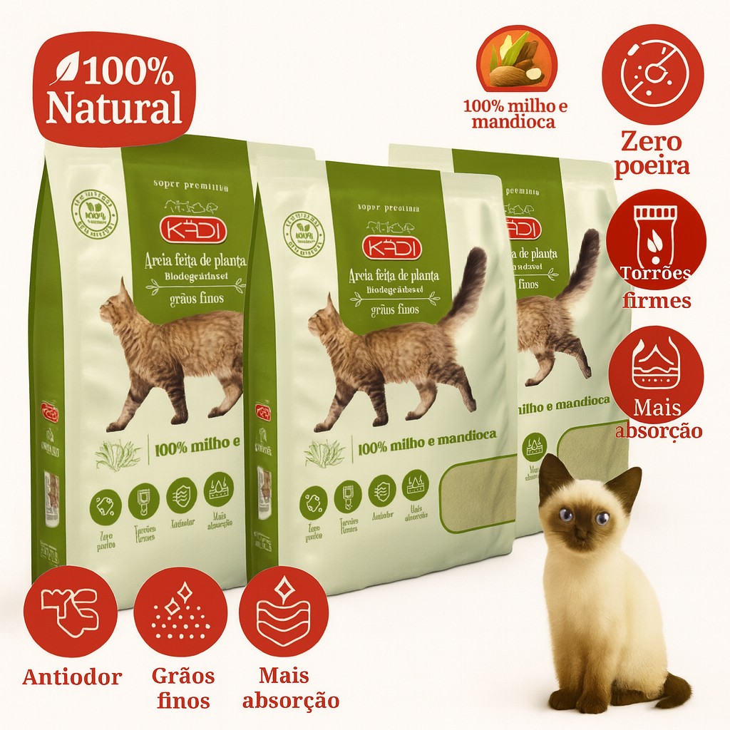 Sacos Areia Biodegradável Grãos Finos Higiênica Ecológica Natural e Segura para Gatos 4 a 8kg