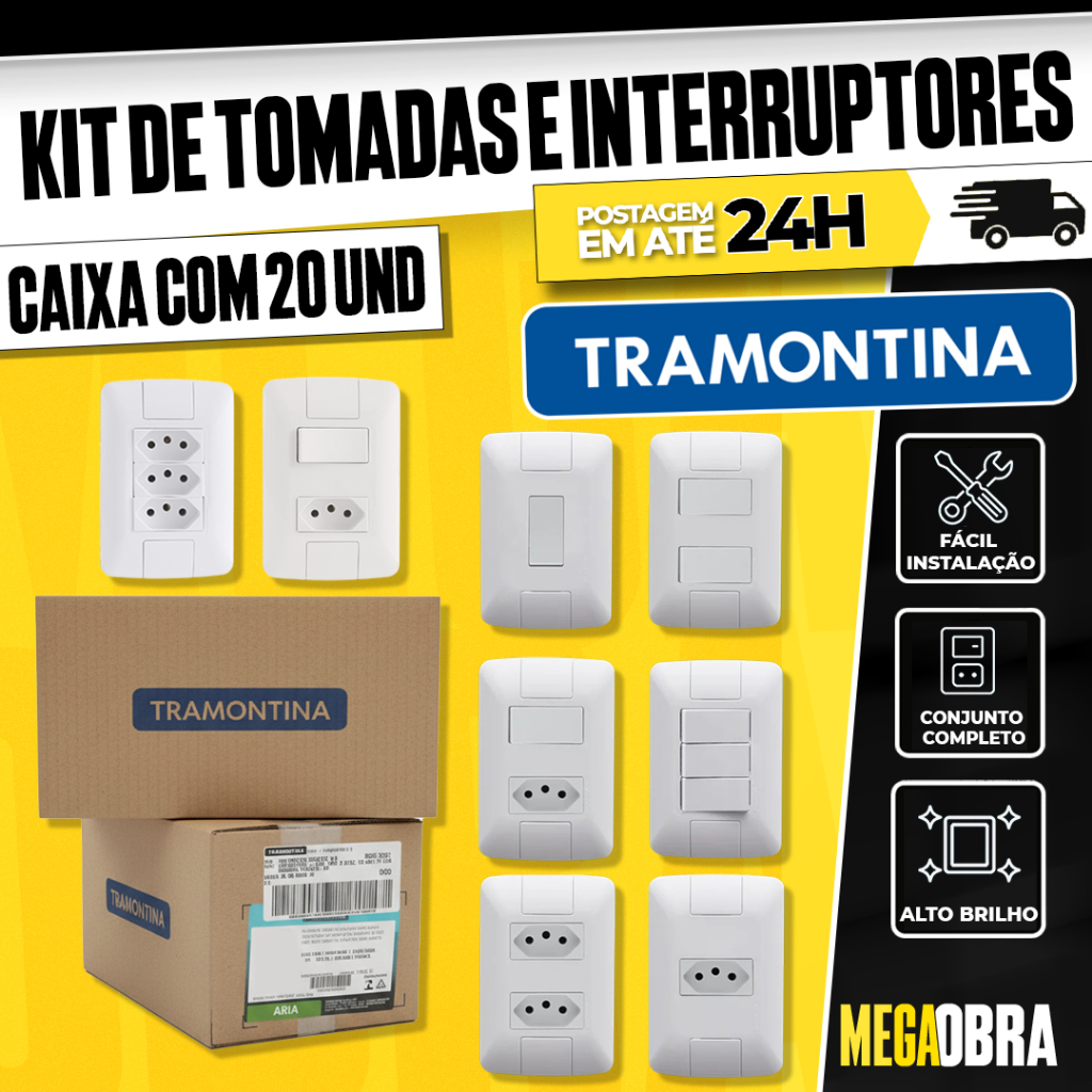 Kit 20 Unidades de Tomadas e Interruptores Tramontina Aria 10A/20A ...