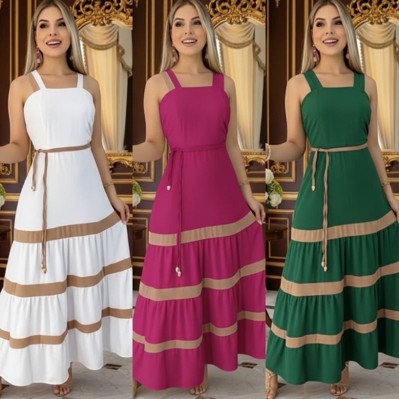 Vestido Longo Liso Feminina Bicolor com forrto Casual Tecido Duna