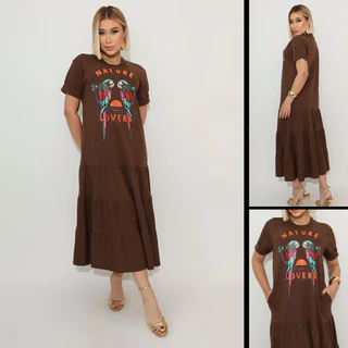 Vestido Feminino Longo Estampado 100% Algodão Casual em Oferta na Shopee
