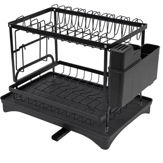 Escorredor de Louça Duplo Gourmet Preto Duplo 2 Andares Porta-Talheres Suporte para Copos Pratico Compacto Casa Pratika