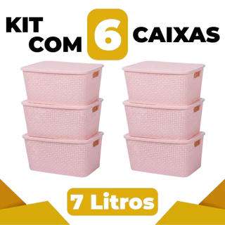 Kit 6 Caixas Organizadoras Rattan Multiuso 7L Cor Rosa