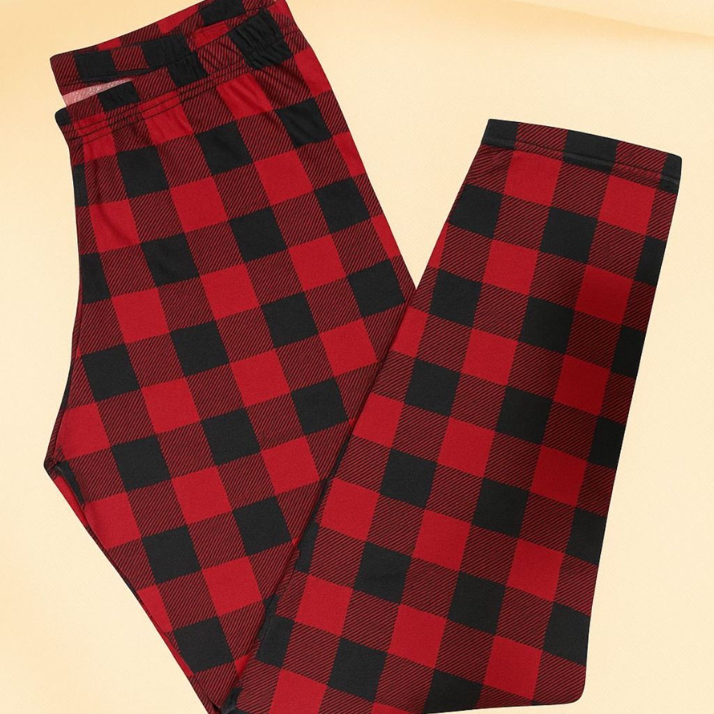 01 Un Calça Feminina Xadrez Vermelha Pijama Poliéster Natal