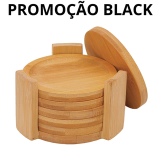 Porta Copos de Bambu Natural com Suporte Conjunto 6 Peças Redondas para Copo Bolacha para Copo