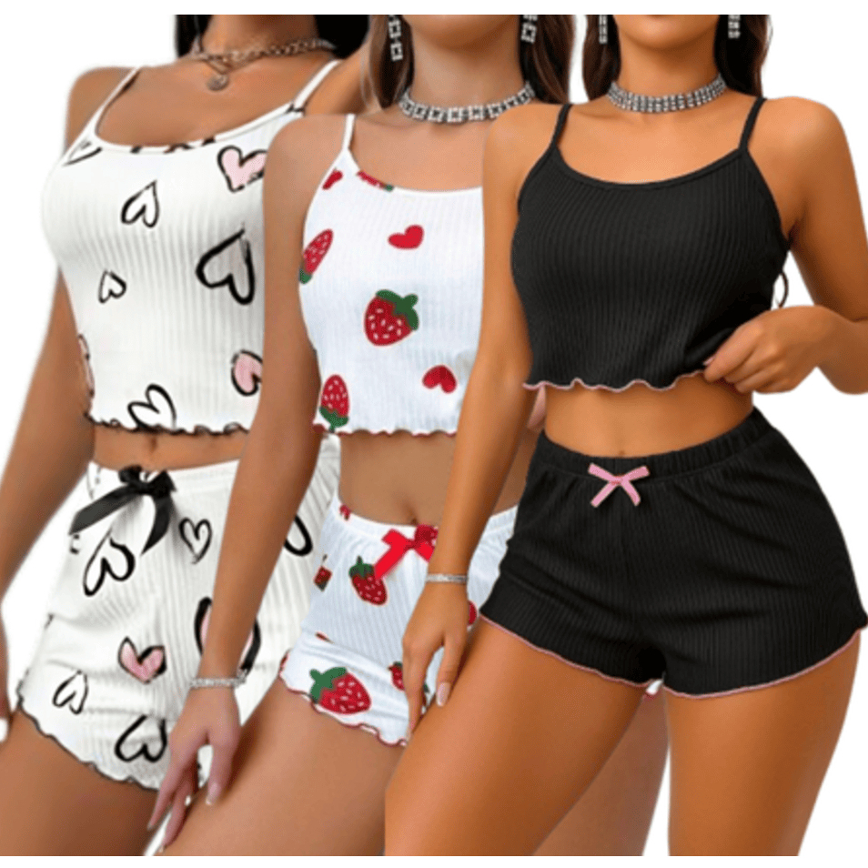 Kit 3 Baby Dolls Femininos – Pijama Canelado com Estampa de Morango, Preto Liso e Coração, Fresco e Confortável em Oferta na Shopee