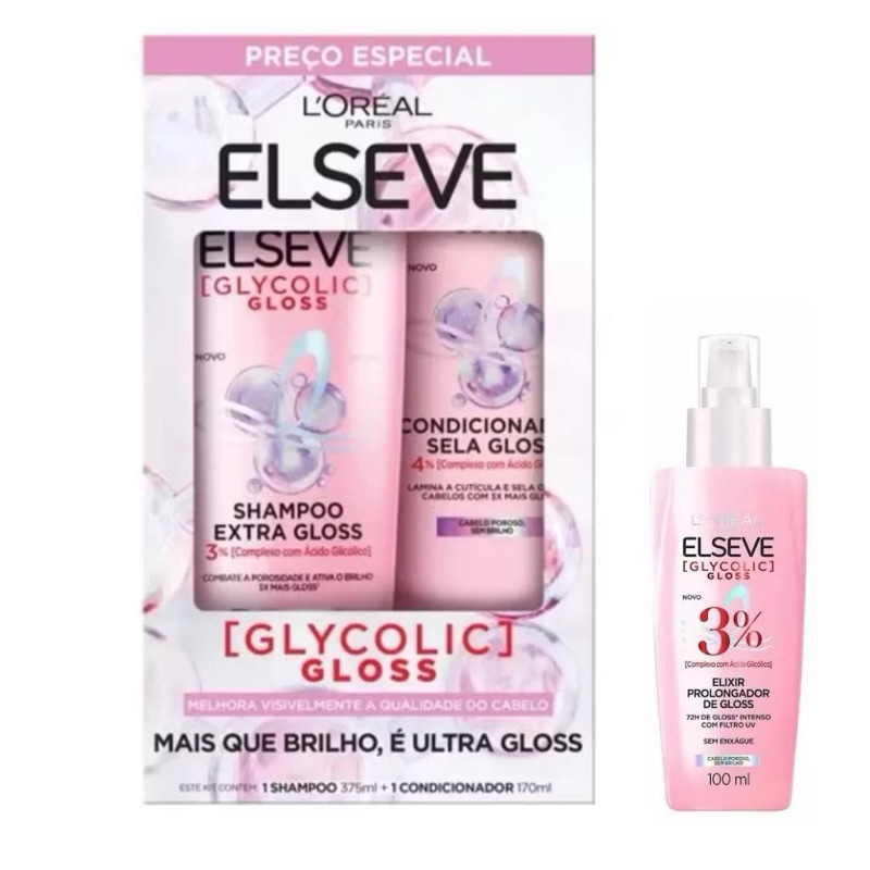 Kit Elseve Glycolic Gloss Shampoo 375ml + Condicionador 170ml + Sérum ...