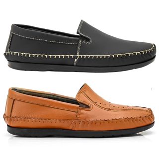 Kit 2 Pares Sapatos Sapatilha Masculino Mocassim Couro Legitimo Sola Costurada Confortável