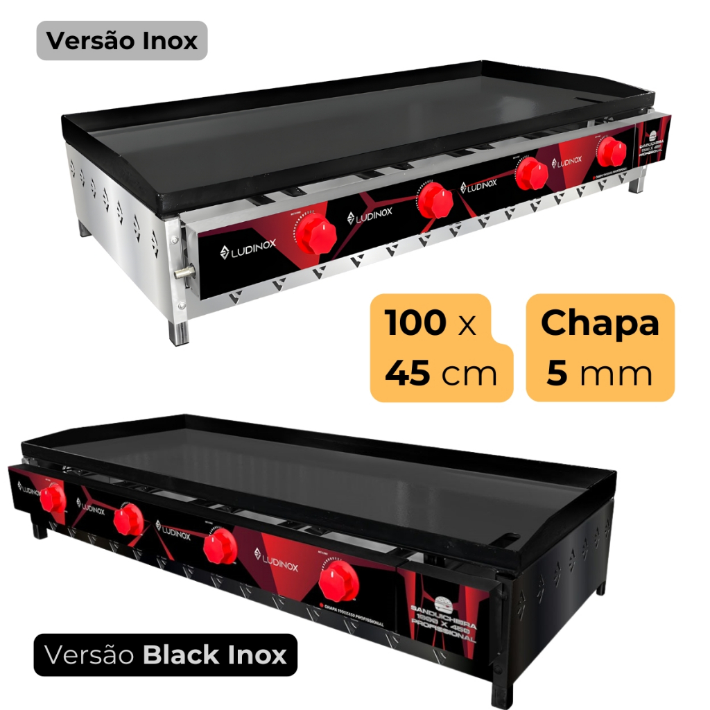 Chapa de Hamburguer Profissional A Gas 100x45 Com 5mm e 4 Qu