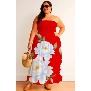 Vestido Femenino PLUS SIZE Elegante estampa FLORAL GRANDE Casual e de Ferias