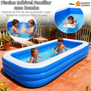 Piscina Inflável Familiar com Bomba de Ar 200×150×50cm Grande para Crianças e Adultos PVC Resistente Verão