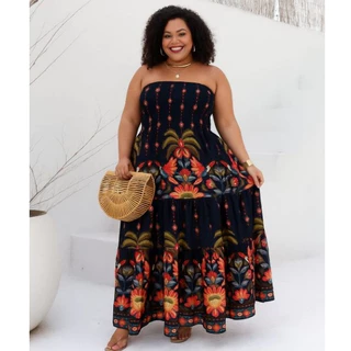 Vestido Longo Femenino PLUS SIZE ESTAMPADO Floral Tropical Casual Verão Elegante em Oferta na Shopee