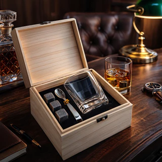 Kit Copo para Whisky + Pegador de Gelo + 3 Cubos de Pedra-sabão e Caixa de Madeira